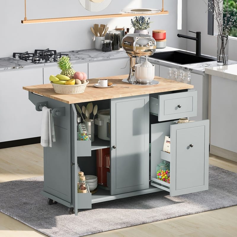 53.9" Width Kitchen Island on Wheels with Storage Rack and 3 Tier Pull Out Cabinet Organizer - Grey