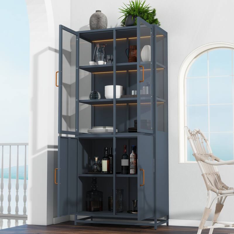 76.75'' Tall Display Cabinet with Double Glass Doors and LED Lights Steel Curio Cabinet for Collectibles Figures Trophies