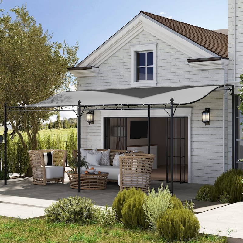 Metal Lean-To Pergola with Curved Design and Rain Protection - 193.3" L x 117.3" W x 78.7" /99.6" H - Dark Grey