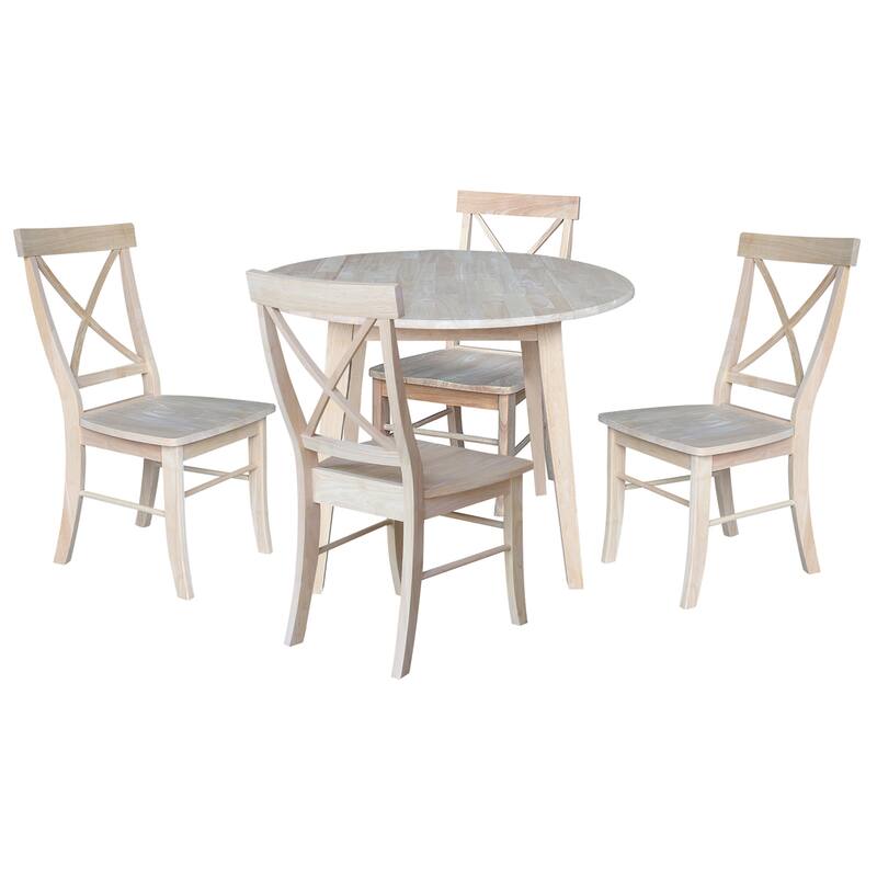 42" Solid Wood Round Dual Drop Leaf Table with 4 Dining Chairs - Unfinished