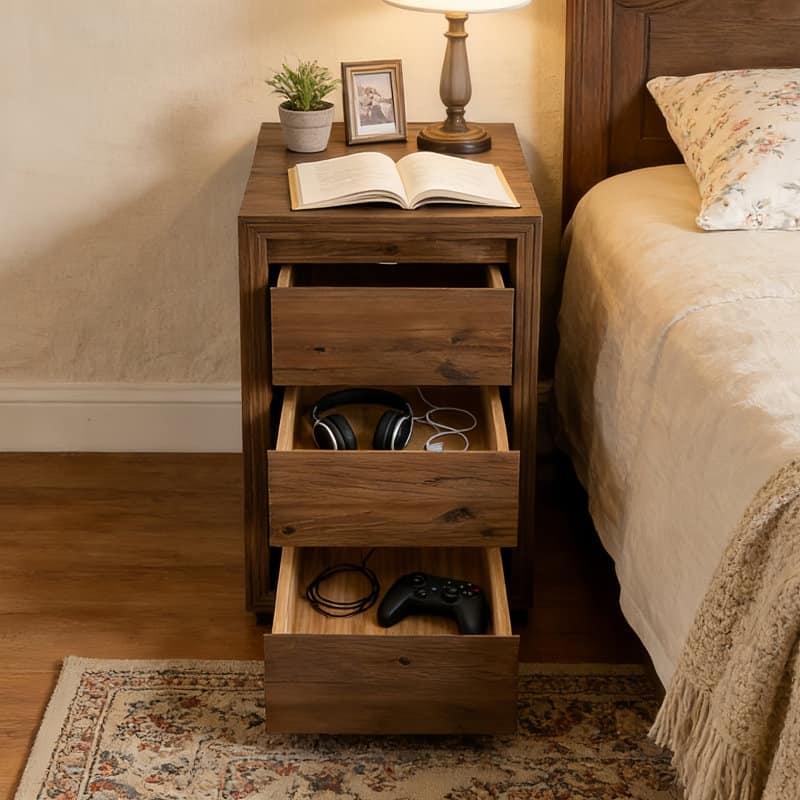 Rustic 3-Drawer Solid Wood Nightstand, Fully Assembled, 23.62"H