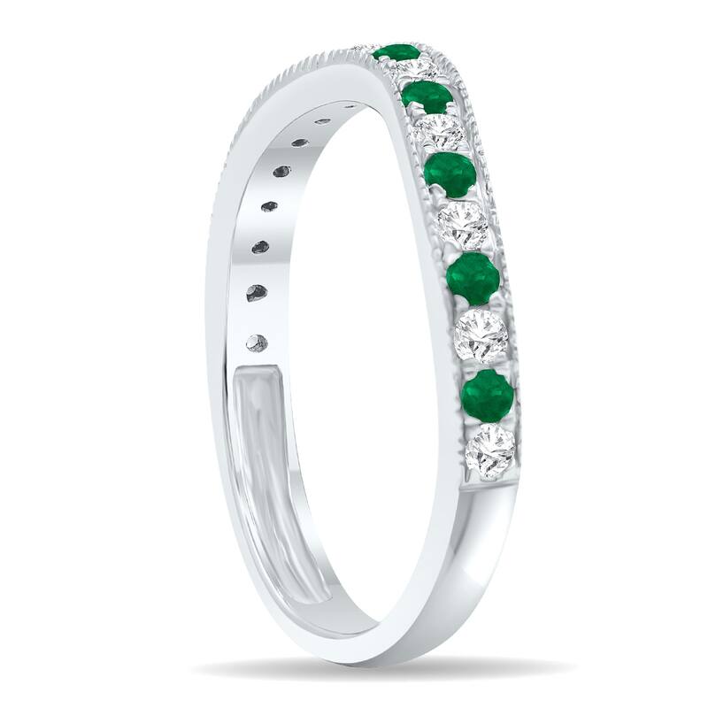 Emerald and Diamond Channel Set Wedding Band in 10K White Gold