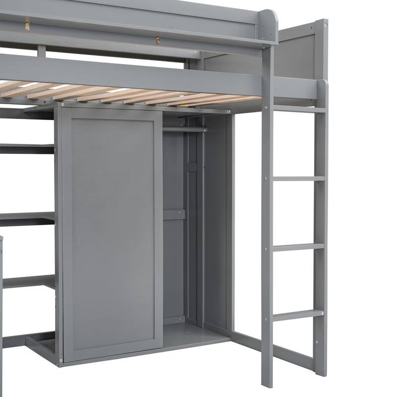 Wooden Twin Size Loft bed with Multiple Storage Shelves and Wardrobe