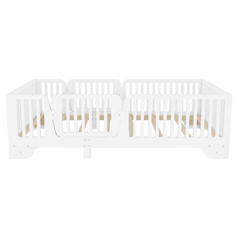 Montessori Floor Bed with Detachable Door, No Box Spring Needed, Kids Platform Bed with Slats and Fence