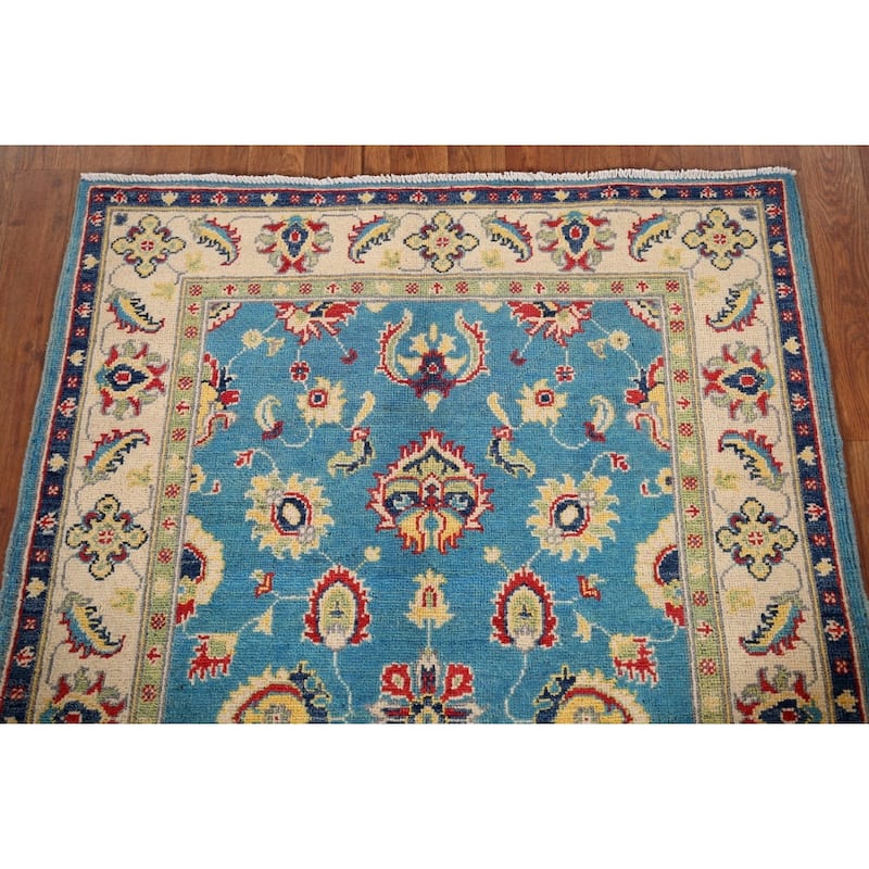 Light Blue Kazak Traditional Accent Rug Hand-Knotted Wool Carpet - 3'5" x 4'11"