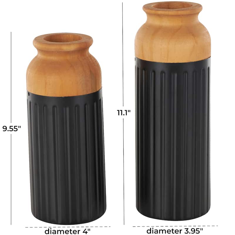 Metal Color Block Decorative Vase with Rounded Linear Grooves and Brown Wood Tops - Set of 2 Black - Roche River Decor