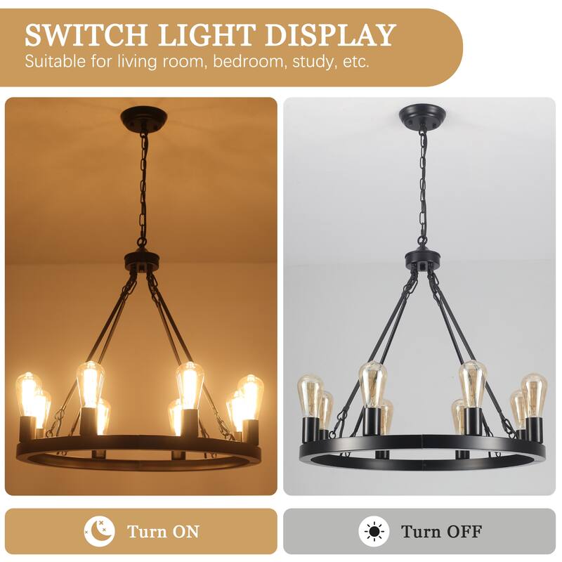 8-Light Circle Wagon Wheel Farmhouse Foyer Chandelier Linear Island Chandelier Lighting for Dining Room