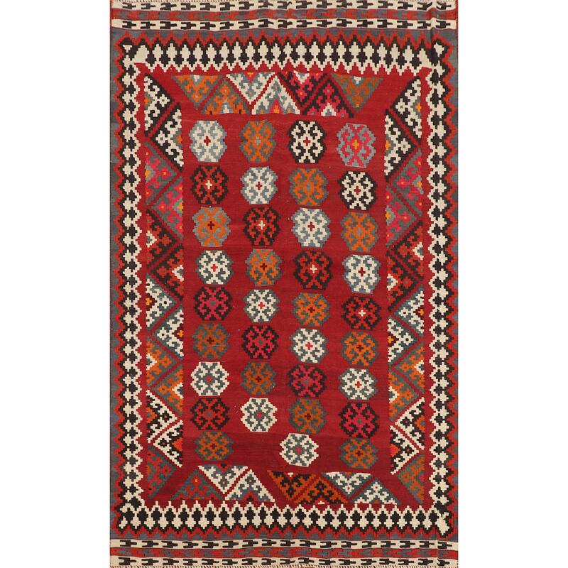 Red Kilim Qashqai Persian Vintage Rug Flatweave Oriental Wool Carpet - 5'2"x 7'6"