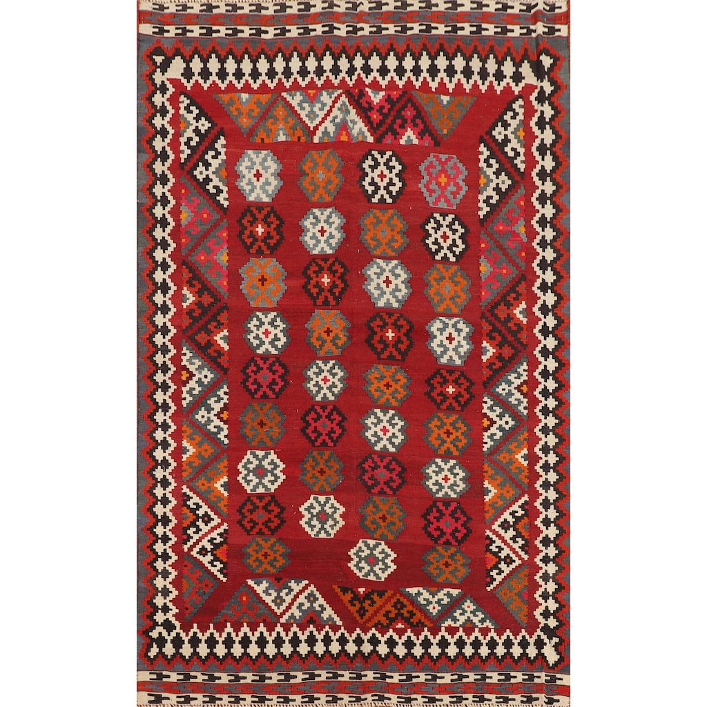 Red Kilim Qashqai Persian Vintage Rug Flatweave Oriental Wool Carpet - 5'2"x 7'6"