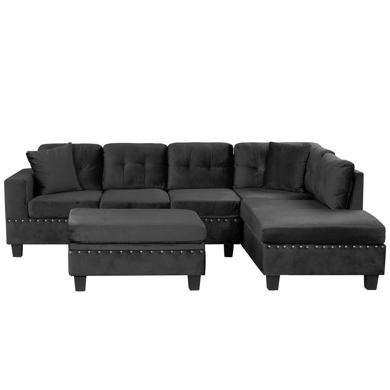 105" L-Shape Sofa with Storage Ottoman, 2 Pillows, Cup Holders, Reversible Chaise, Black Velvet, Living Room