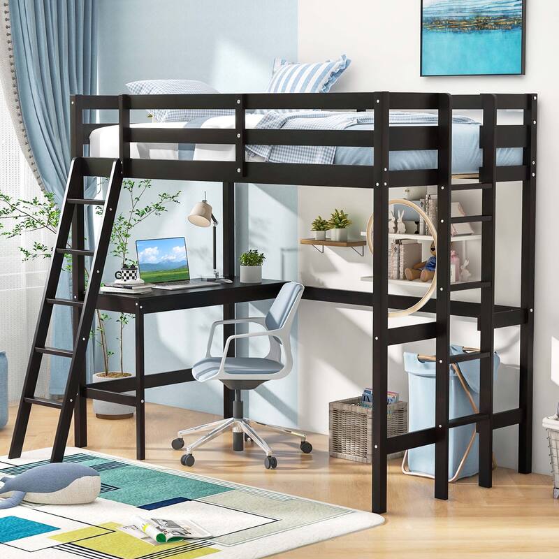Costway Twin Size Loft Bed w/ Desk & Shelf 2 Ladders & Guard Rail for