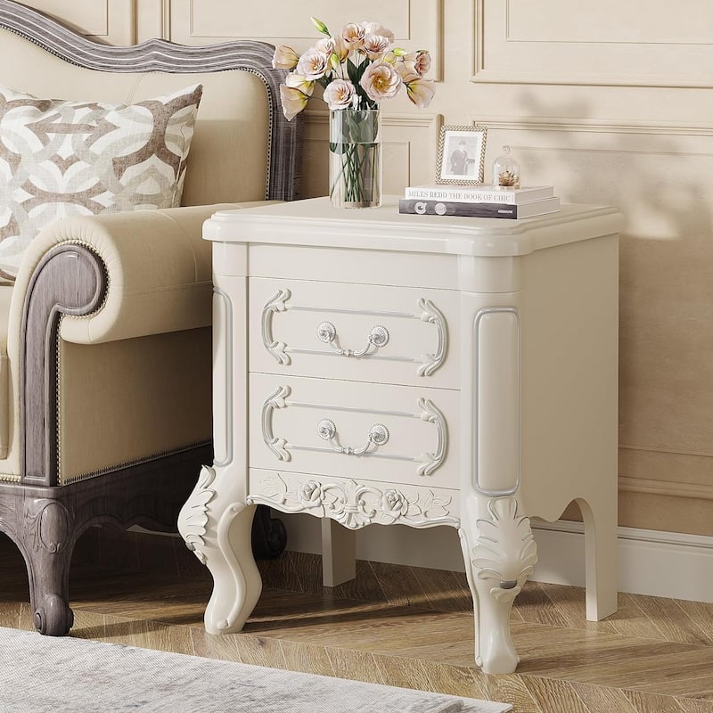 White Nightstand with 2 Drawers, Classic Carved Bedside Tables, Side Table