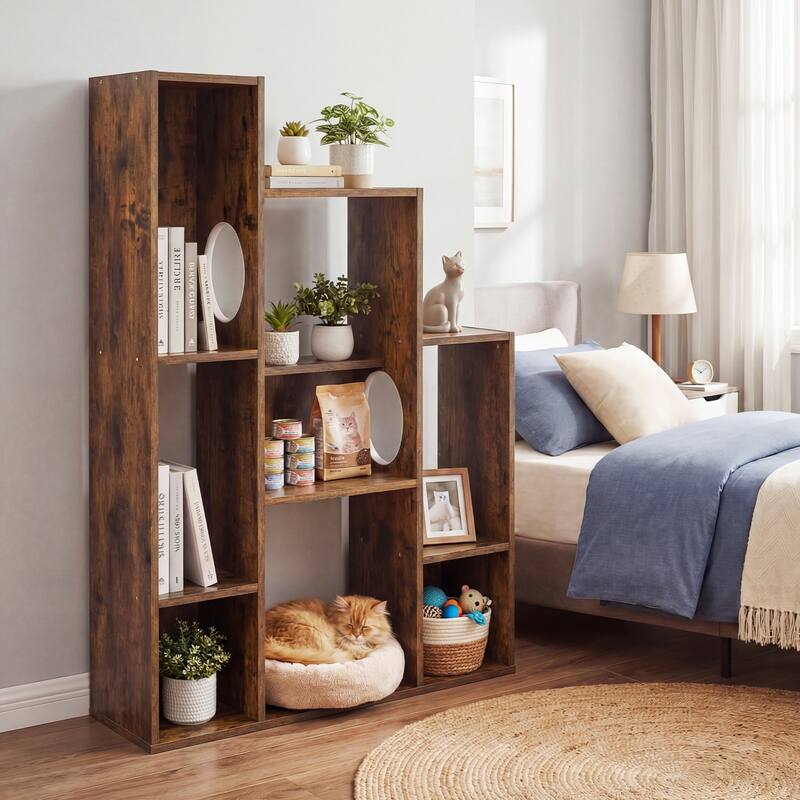 Gymax Modern Cat Bookshelf w/ 2 Round Holes Anti-Tipping Device for