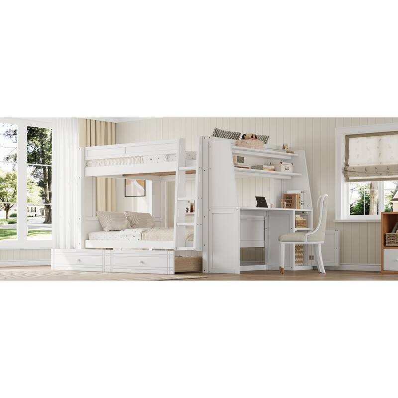 Roomfitters Full Over Full Bunk Bed with Built-In Desk, Bookshelves and Drawers