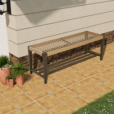 2-Tier Iron Frame Leather-Look Resin Wicker Bench