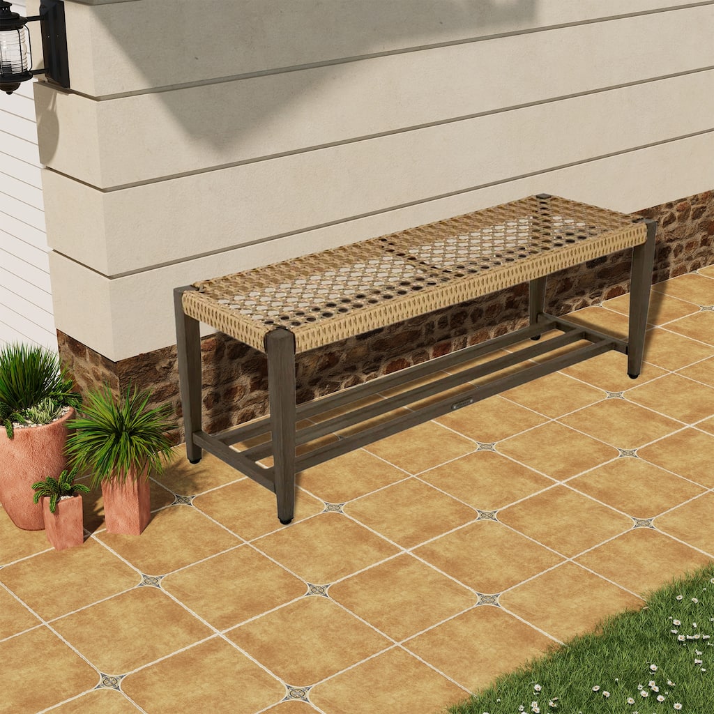 2-Tier Iron Frame Leather-Look Resin Wicker Bench