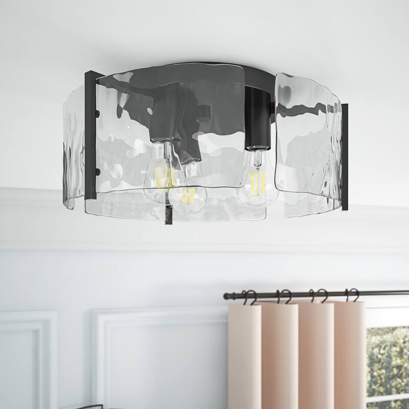 Modern Black Metal Ceiling Light Flush Mount Fixture with Curved Water Glass Panels - Black