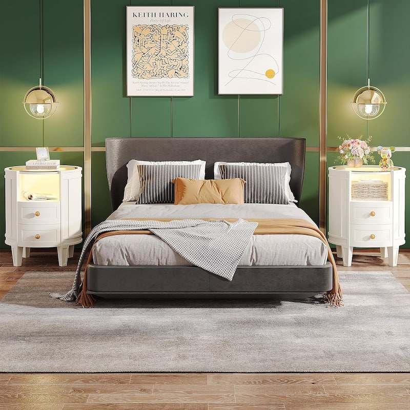 Oval White Nightstand Bedside Table with 2 Drawers and Light