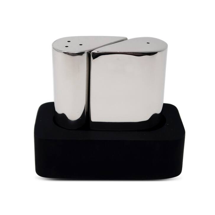 Stainless Steel Salt and Pepper Set with Black Base - Silver