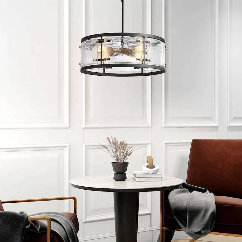 Laia Black 5-light Water Textured Glass Drum Pendant Chandelier - 19 inches in diameter x 16.3 inches H