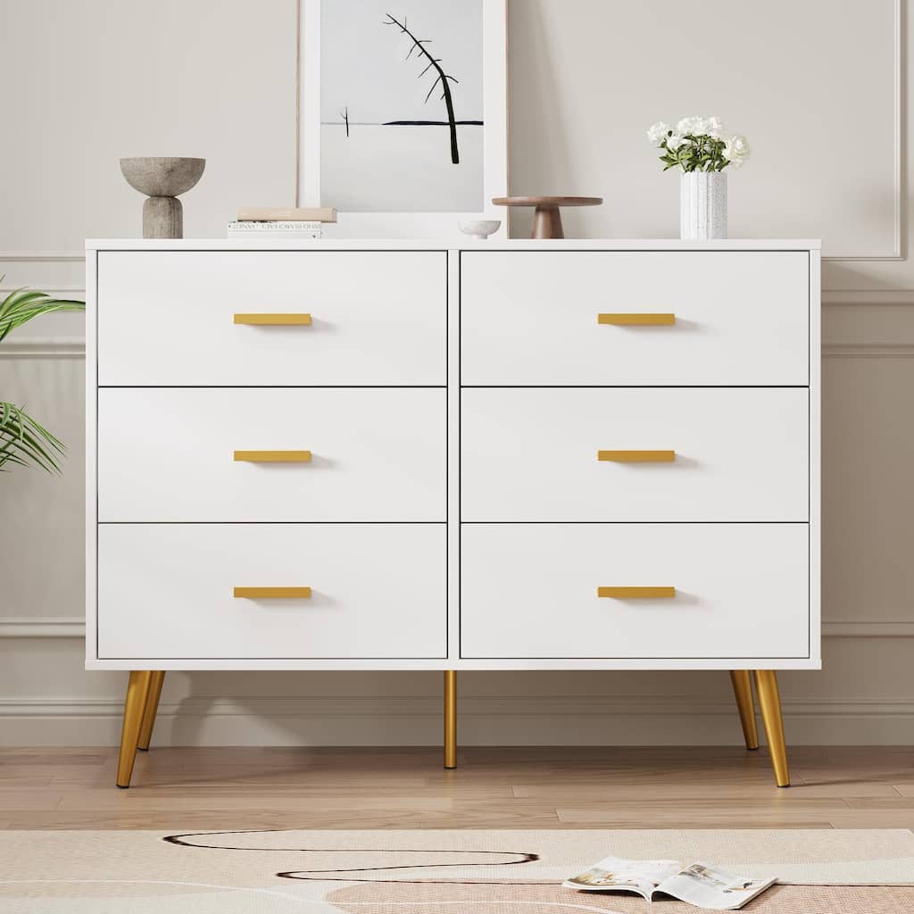 Modern Wooden 6 Drawer Dresser with Vintage Pattern Design
