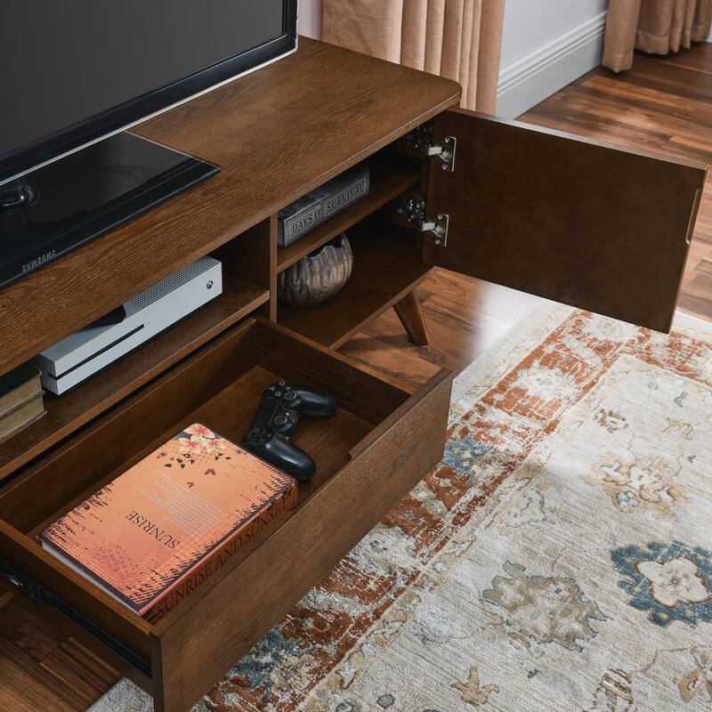 59" Mid-Century Fluted TV Stand for 65" TVs, Modern Wood Entertainment Center with Storage, 2 Doors & 1 Drawer