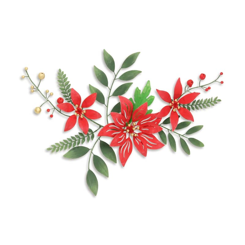 HomeRoots 15" X 22" Red Christmas Poinsettia Metal Hanging Dimensional Sculpture