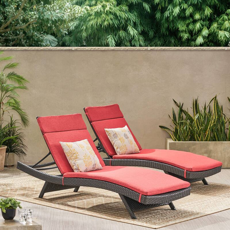 Salem Outdoor Wicker Lounge with Water Resistant Cushion (Set of 2) by Christopher Knight Home - Grey + Red