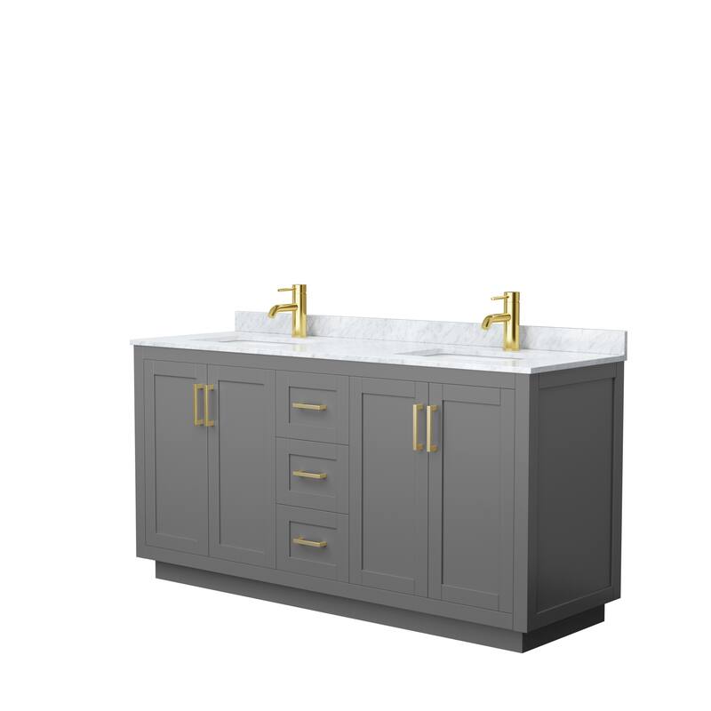 Miranda Double Vanity Set, White Carrara Marble Top, No Mirror - 66-Inch Double - Dark Gray, Gold Trim, White Carrara Marble Top