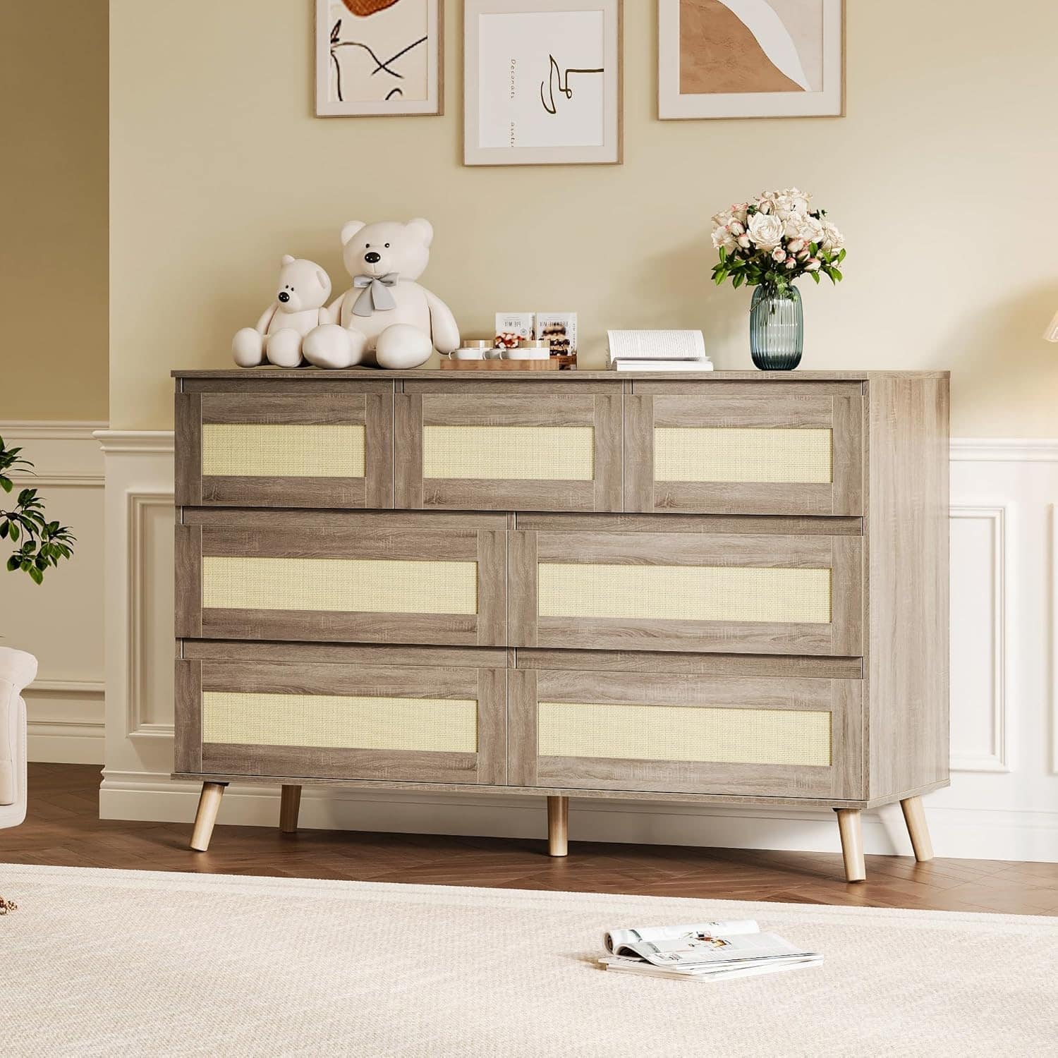 Rattan Dresser, Modern Farmhouse Chest of Drawers with Storage Wooden Clothes Dresser for Nursery Entryway Living Room