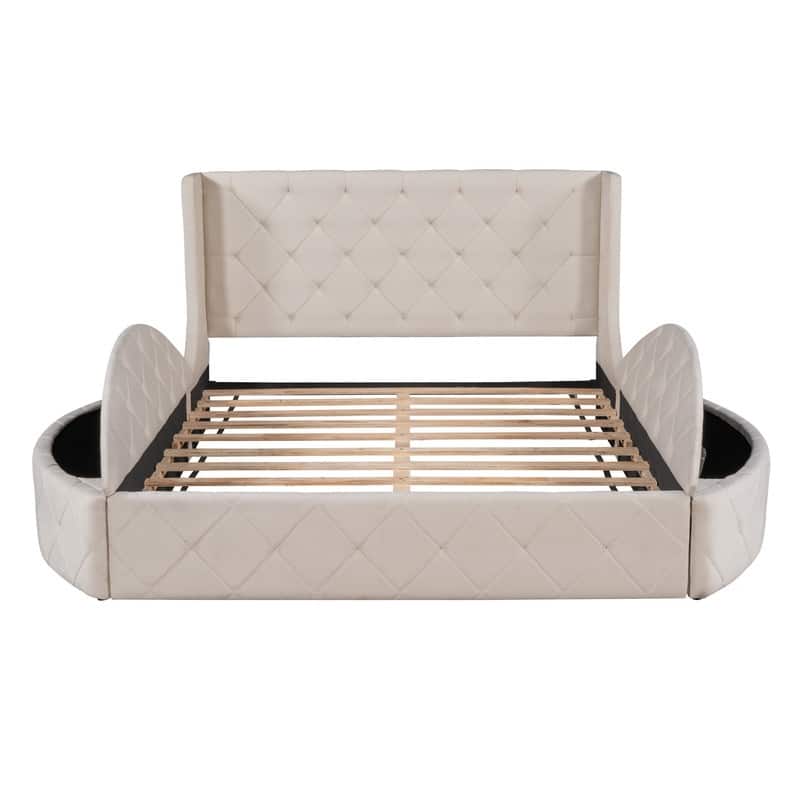 Queen Upholstered Platform Bed with 1 Drawer,2 Side Storage Stool