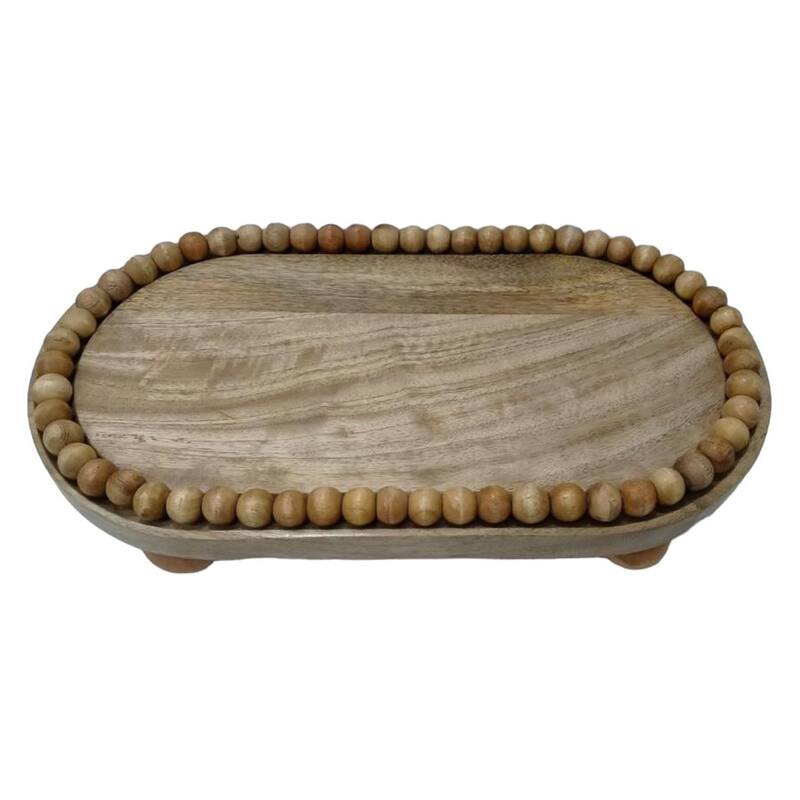 Decorative Mango Wood Beaded Oval Tray with Ball Feet - 16", Brown