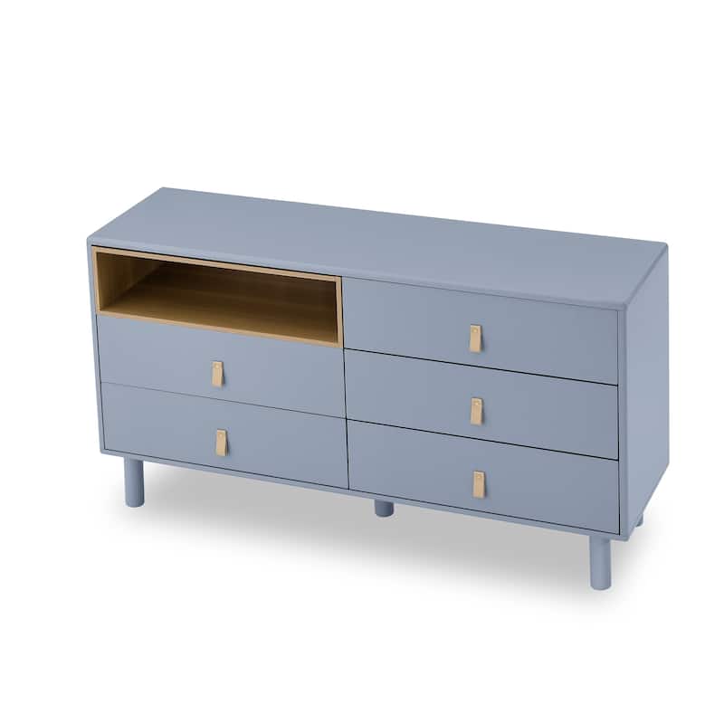 Modern 5 Drawer 55.12 in. Dresser Wood Storage Cabinet with Leather Handle, Open Shelf Drawer Cabinet