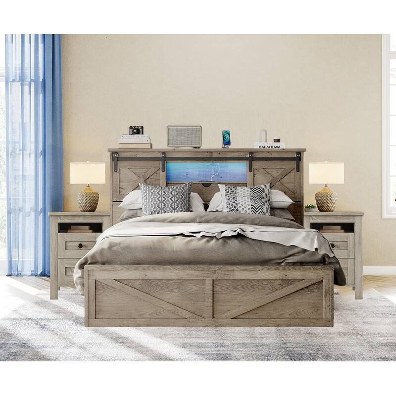 3-Pieces Bedroom Sets ,Farmhouse Bed Frame Queen Size with LED Lights and Charging Station,Nightstands Set of 2 with 2-Drawer