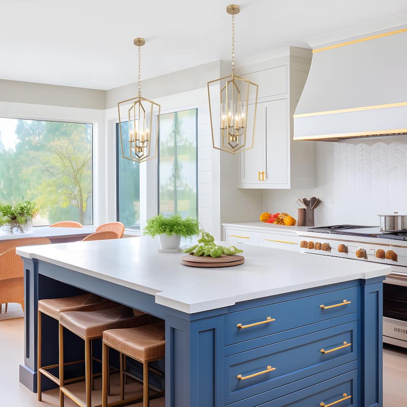 Modern Gold 4-Light Lantern Chandelier Geometric Glass Pendant Light Fixture for Kitchen Dining Room - 16.5"Dx27"H