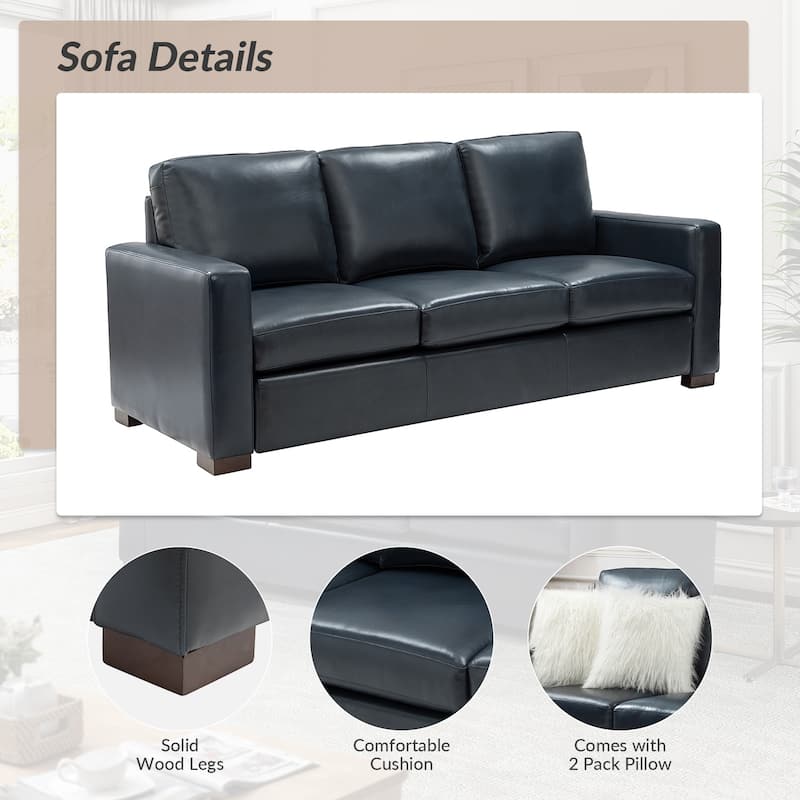 Ernando 83.46" Wide Genuine Leather Sofa with Squared Arms and Pillows