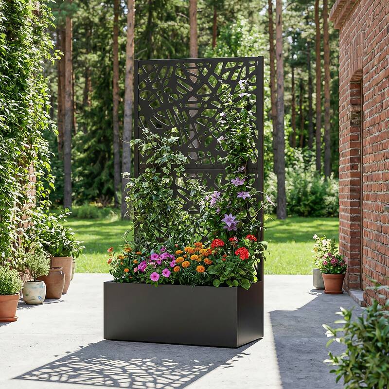 Metal Galvanized Planter Box with Trellis Privacy Screen Lockable Wheels - Black-Rectangle - 59"x30"