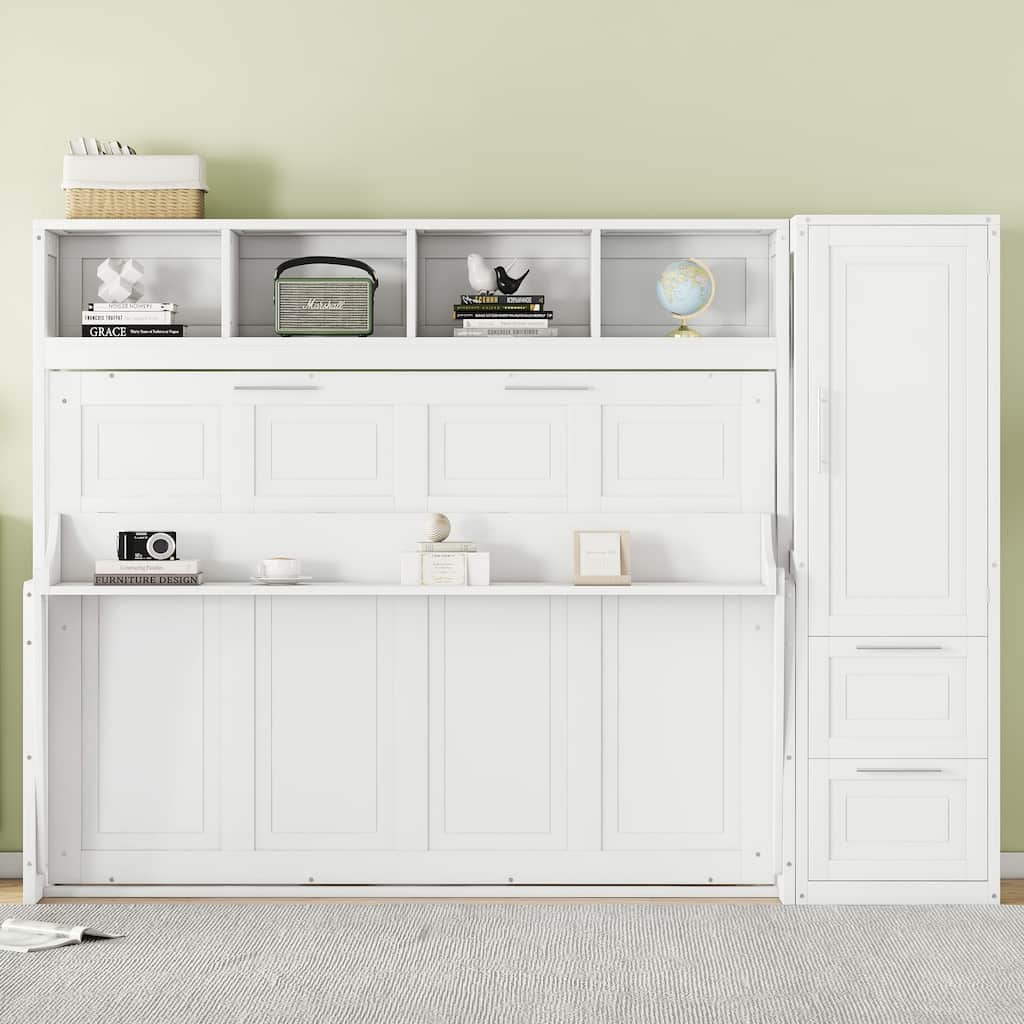 Full Size Foldable Murphy Bed with Wardrobes & Storage Drawers, Wooden Hideaway Wall Bed Cabinet w/Top Shelf for Small Spaces