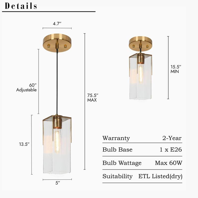 Elegant Gold 1-Light Modern Water Rippled Glass Kitchen Island Pendant Light for Dining Room - 5"W x 13.5"H