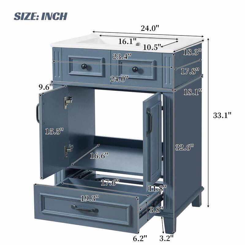 24" Solid Wood Frame Bathroom Vanity with Ceramic Sink and Soft-Close Doors
