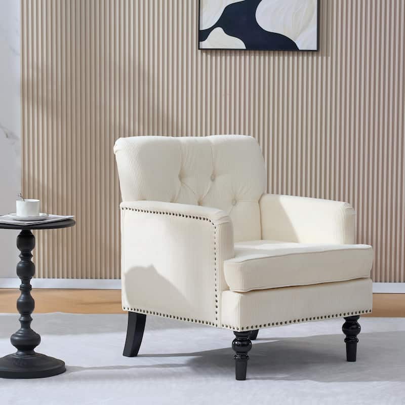 Anmytek Blue Accent Chair, Upholstered Button Armchair, Linen Fabric Sofa Chairs for Bedroom