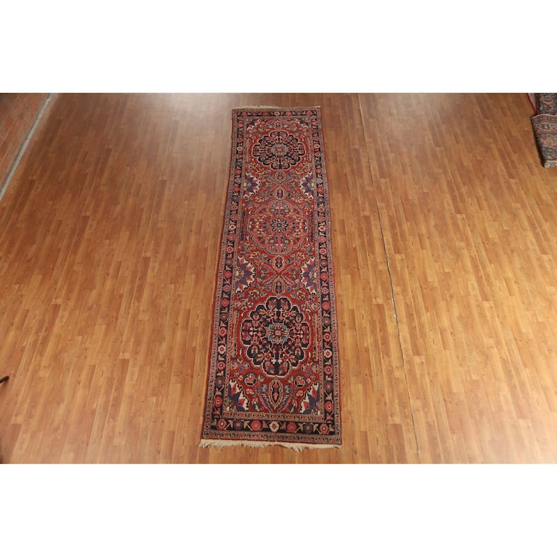 Hand Knotted Oriental 100% Wool Carpet Traditional Floral Red Heriz (serapi) Runner Rug - 12' 8'' X 3' 4''