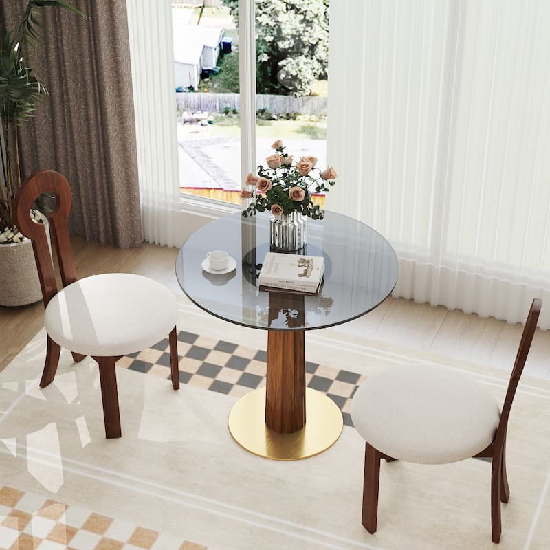 Modern Round Dining Table, 33.5" Tempered Glass Table with Wooden Leg & Gold Base, 2 - Person Kitchen Table for Small Space - Brown+Transparent