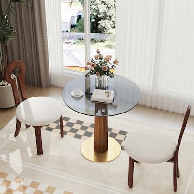 Modern Round Dining Table, 33.5" Tempered Glass Table with Wooden Leg & Gold Base, 2 - Person Kitchen Table for Small Space