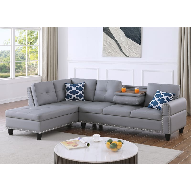 Faux Leather L - Shaped Sectional Set With Cup Holders 2pc