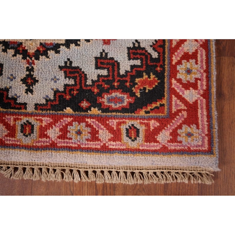 Light Blue Geometric Viss Oriental Runner Rug Handmade Wool Carpet - 2'6"x 10'0"
