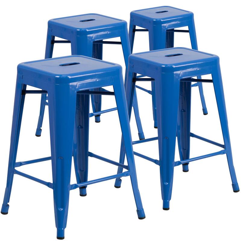 4 Pack 24"H Backless Metal Indoor-Outdoor Counter Height Stool w/Square Seat - Blue