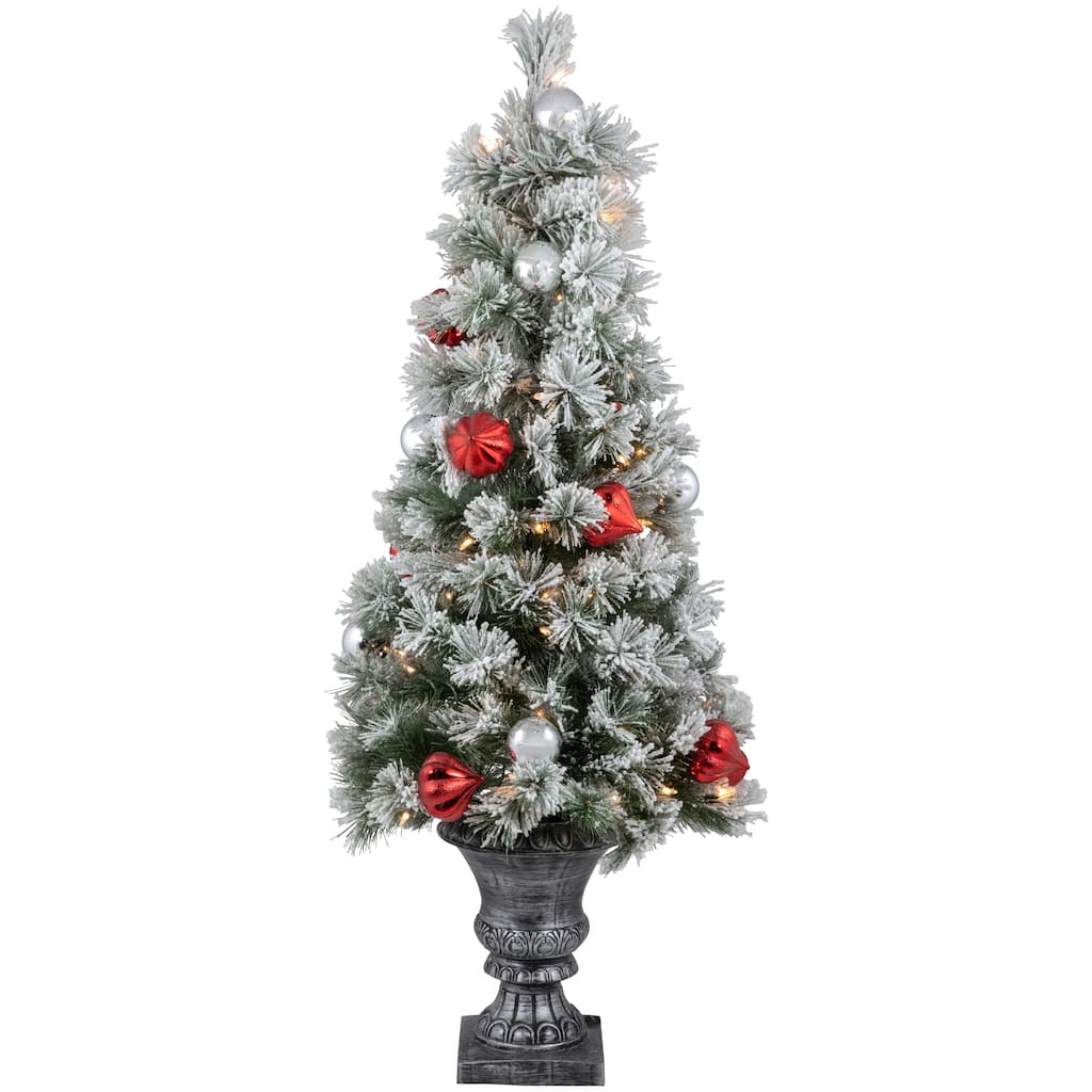 4' Potted Snowy Bristle Pine Flocked Artificial Christmas Tree Clear Lights - 4 Foot