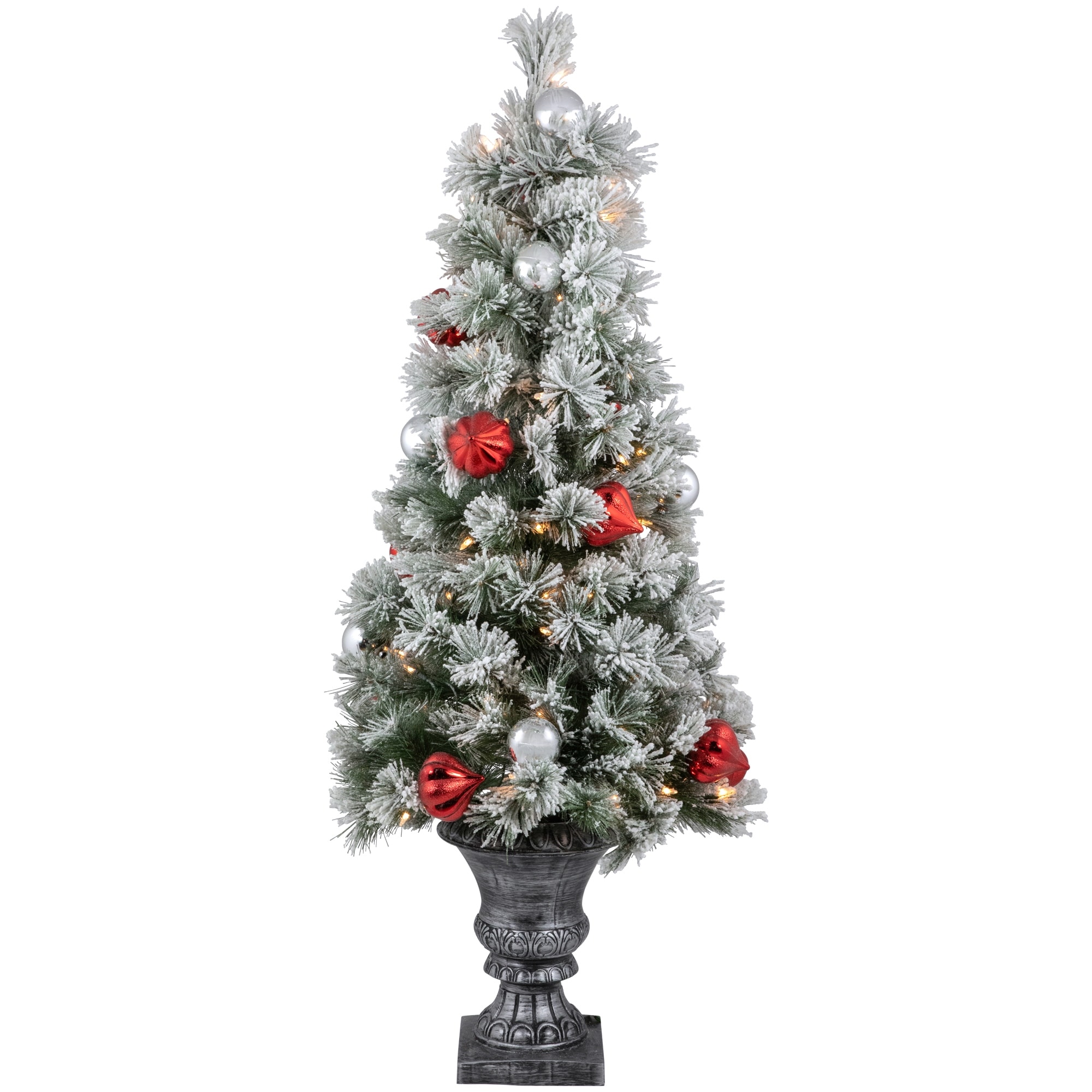 4’ Potted Snowy Bristle Pine Flocked Artificial Tree Clear Lights - 4 Foot
