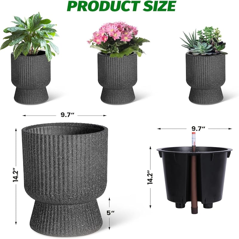Set of 2 Classic 14.2-in Tall Self-Watering Planters with Water Level Monitor for Indoor and Outdoor Use Marble Black